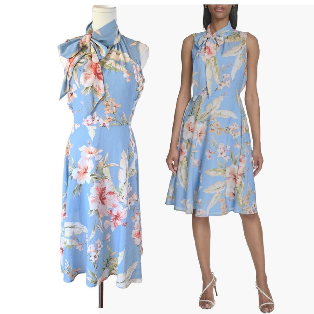 HALSTON Floral High Neck Tie Front Sleeveless Midi Dress Light Blue Size 4